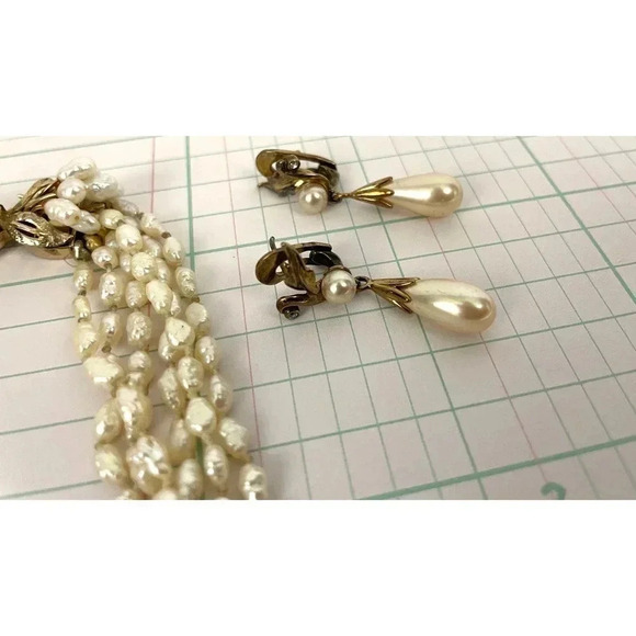 VTG 10k Gold Rice Pearl 6 Strand Necklace with 925 Dangle Earrings 18" Long - Picture 2 of 16